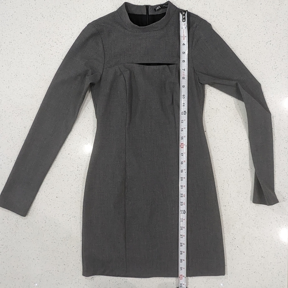 Zara gray front chest cut out Houndstooth sheath mini dress long sleeves size S - Picture 6 of 12